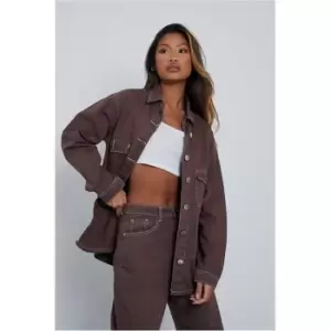 image of I Saw It First Chocolate Oversized Pocketed Denim Shacket - Brown