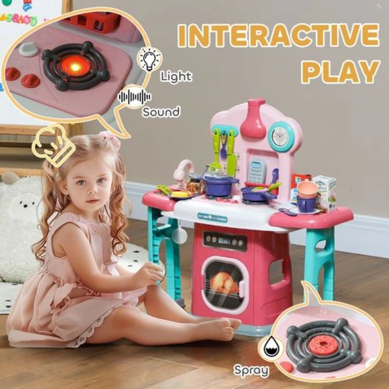 Image of Aiyaplay 45 Pieces Kids Kitchen W/ Rotating Tables, Light, Sound, Spray, Pink 350-159V00MX