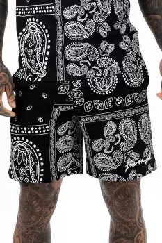 image of HYPE MENS BLACK PAISLEY PALM SCRIBBLE SHORTS