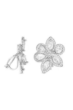 image of Rhodium Plated Cubic Zirconia Floral Clip Earrings