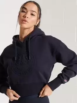 Image of Superdry Expedition Embossed Boxy Hoodie - Navy, Size 16, Women
