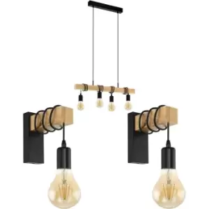 image of Quad Ceiling Light & 2x Matching Wall Lights Black & Wood Hanging Trendy Lamp