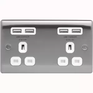 Image of BG Nexus Metal Brushed Steel 2 Gang Plug Socket with 4 x USB Outlets Outlet White Insert 13A - NBS24U44W