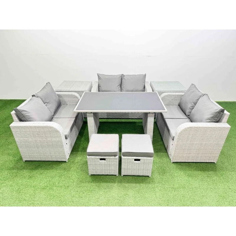 Image of Fimous 8 Seater Patio Garden Furniture Sets with 2 Side Tables 2 Small Stool in Light Grey Light Grey Unisex