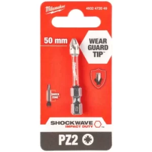 image of Milwaukee Shockwave Impact Duty Pozi Screwdriver Bits PZ2 50mm Pack of 1