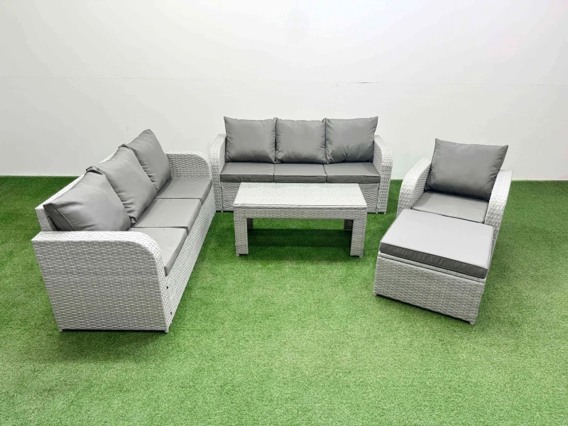 Image of Fimous 8 Seater Poly Rattan Outdoor Garden Furniture Oblong Coffee Table Sofa Set Patio 3 Seater Sofa Reclining Chair 3 Seater Sofa Big Footstool Ligh