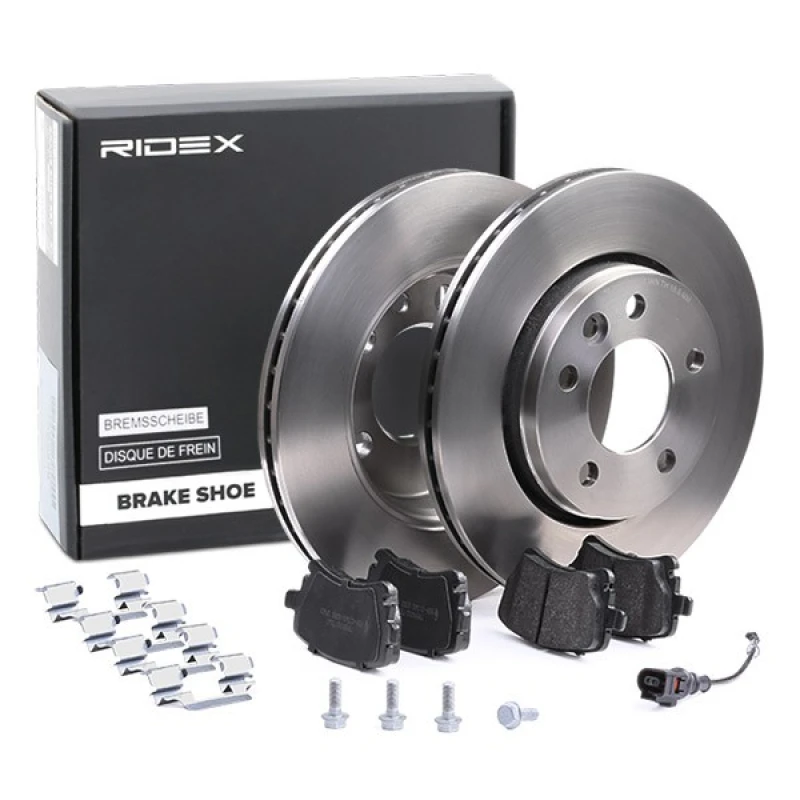 Image of RIDEX 3405B0037 Brake disc and pads set Rear Axle, Brake Disc Type: Vented, incl. wear warning contact Brake Set,disc brakes (3405)