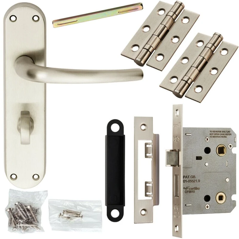 Image of Loops Door Handle & Bathroom Lock Pack Satin Chrome Modern Round Bar Lever Backplate Multi
