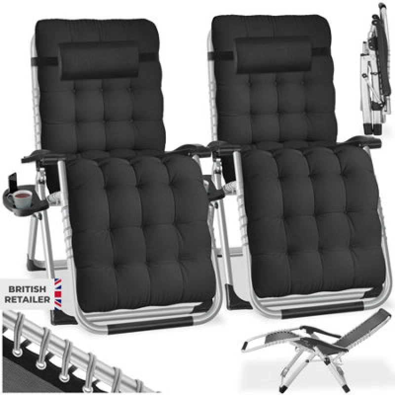 Image of Tectake Sun Lounger Cloud - Folding, Adjustable Backrest And Footrest - Black - Set Of 2
