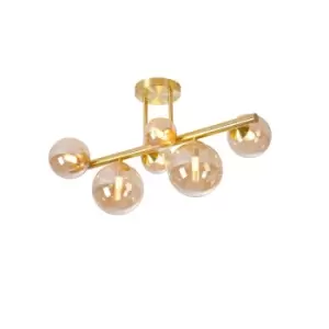Image of Marshall Semi Flush Ceiling Lamp, 6 Light G9, Satin Gold, Amber Plated Glass