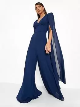 Image of Boohoo Cape Detail Plunge Jumpsuit - Navy, Blue, Size 10, Women