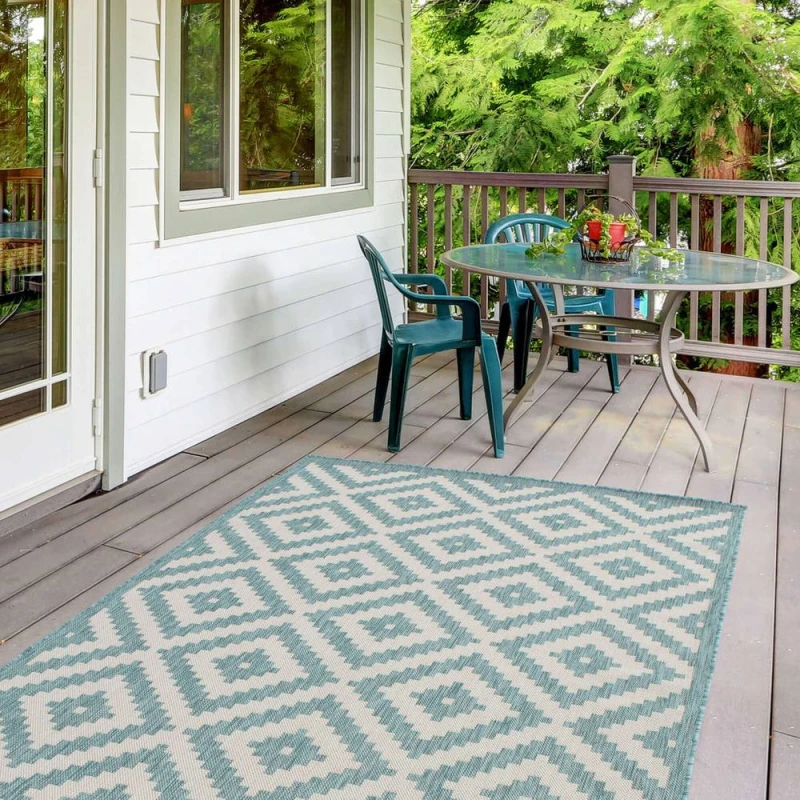 Image of THE RUGS Outdoor Indoor Aqua Ivory Geometric Diamond Rug Weather Resistant Size: 160cm x 230cm Aqua Unisex 160cm x 230 cm