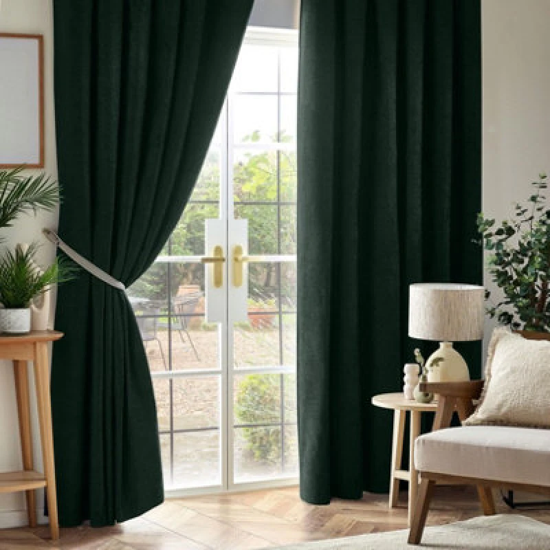 Image of Luxury Living Chenille Blackout Pencil Pleat Top Curtains 117Cm X 137Cm Green