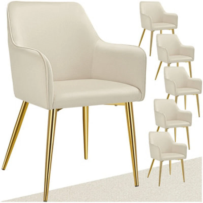 Image of Tectake Set Of 6 Dining Chair Avane - Velvet Look, Padded Armchair, High Backrest And High Armrests - Beige