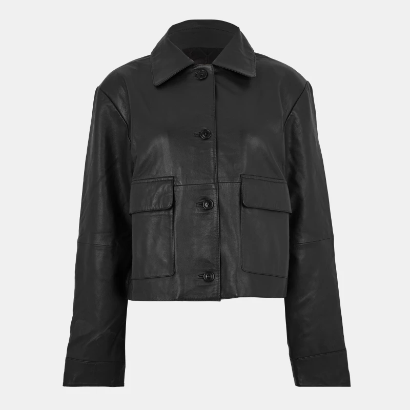 Image of Biba Womens Collar Hip Length Long Sleeve Leather Jacket Black female 8 (XS)