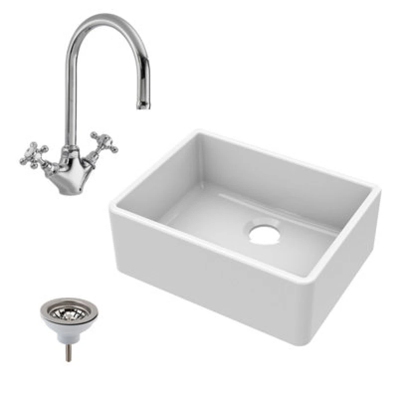 Image of Balterley Fireclay Kitchen Bundle - Butler Sink, Waste & Tap, 595mm - Chrome White