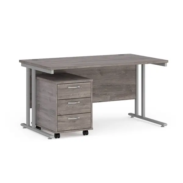 image of Maestro 25 Straight Desk Silver Frame Grey Oak Table Top and 3 Drawer Pedestal - 1400mm