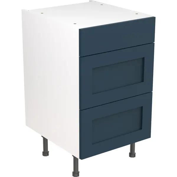 Image of Kitchen Kit Ready Made Shaker Kitchen Cabinet Base 3 Drawer Unit Ultra Matt 500mm in Indigo Blue