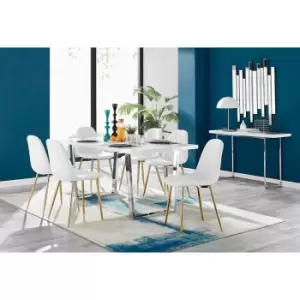 Image of Furniture Box Kylo White High Gloss Dining Table and 6 White Corona Gold Leg Chairs