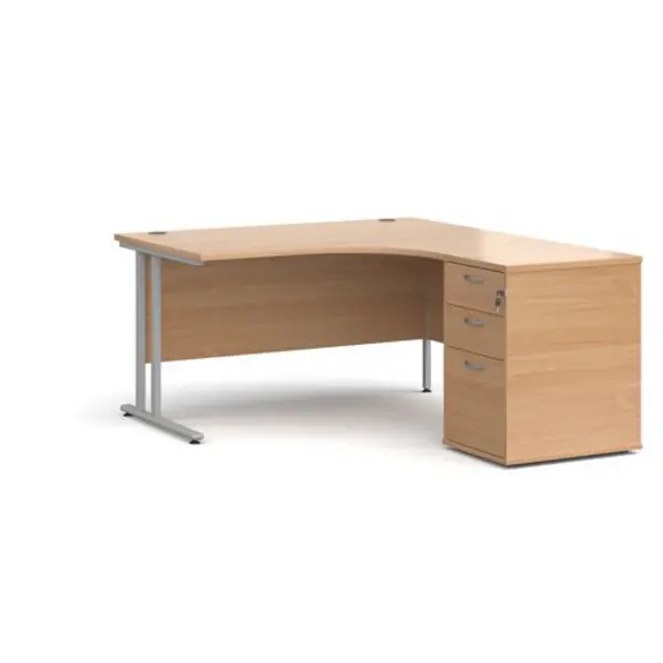 Image of Office Desk Right Hand Corner Desk 1400mm With Pedestal Beech Top With Silver Frame Maestro 25