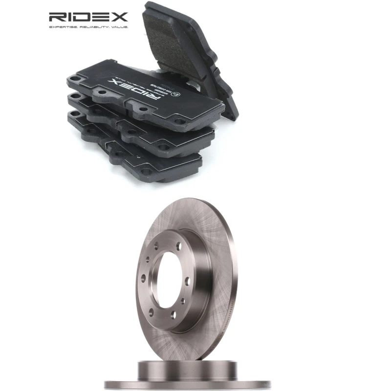 Image of RIDEX 3405B2761 Brake disc and pads set Front Axle, Brake Disc Type: Solid, with acoustic wear warning Brake Set,disc brakes (3405)