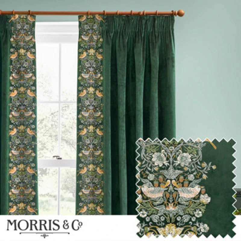 Image of Morris & Co Morris & Co Strawberry Thief Embroidery Embroidered Velvet Room Darkening Pencil Pleat Curtains in Green Size: 117cm width x 183cm drop