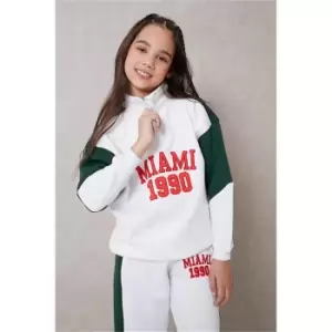 Image of I Saw It First Forest Green Girls Varsity Miami 1990 Slogan Funnel Neck Colour Block Sweater - Green
