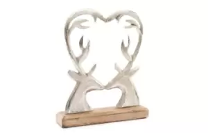 Image of Silver Metal Heart Shape Deer On Wood Base