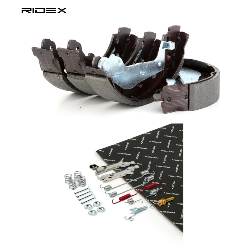 Image of RIDEX 70B1832 Brake Shoes Rear Axle, Ø: 203mm, with fastening/mounting material Brake Shoe Set (70)