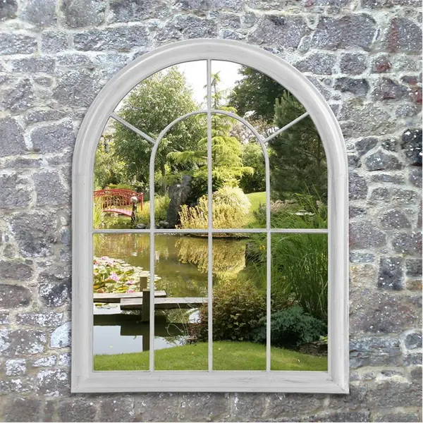 image of Suntime 88cm Arch Window Garden Mirror - Distressed White 88cm