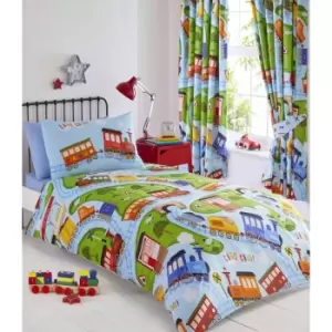 image of Portfolio Home Kids Club Toy Trains Single Size Duvet Cover & Pillow Case Bed Set Blue