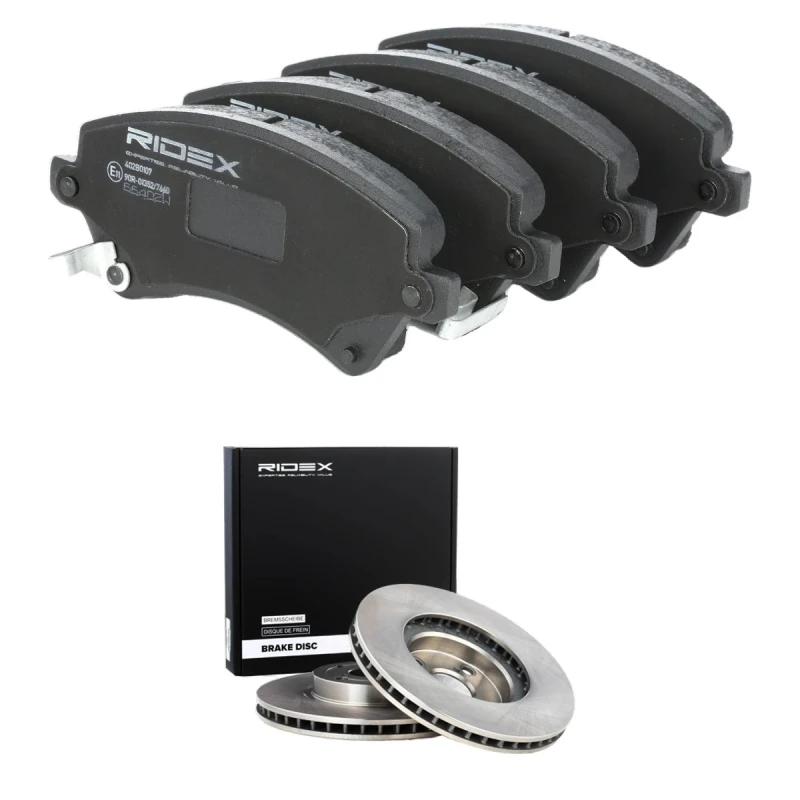 Image of RIDEX 3405B2622 Brake disc and pads set Front Axle, Brake Disc Type: Vented, incl. wear warning contact Brake Set,disc brakes (3405)