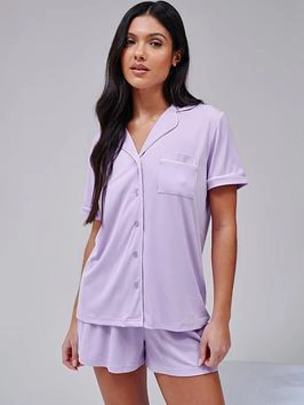 Image of Loungeable Womens Super Soft Jersey Rib Traditional Short Sleeve Set in Lilac Size: Medium Lilac Female M
