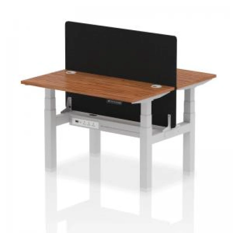 Image of Air Back - to - Back 1200 x 600mm Height Adjustable 2 Person Bench Office Desk Walnut Top - Cable Ports Silver Frame - Black Straight Screen