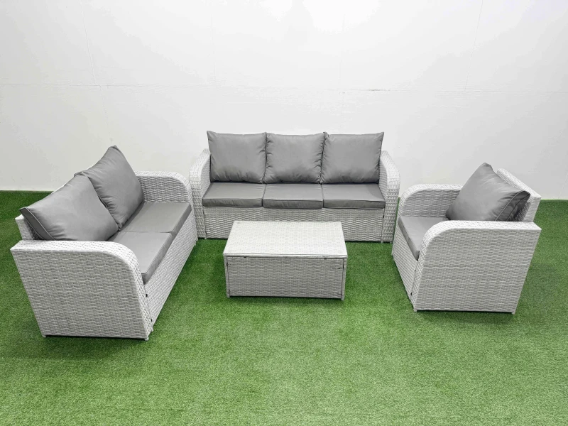 Image of Fimous Patio PE Wicker 6 Seater Outdoor Rattan Furniture Sofa Sets with Rectangular Coffee Table Reclining Chair Loveseat Sofa 3 Seater Sofa Light Gre