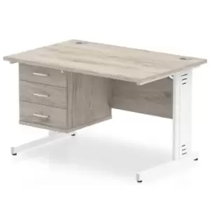 image of Impulse 1200 Rectangle White Cable Managed Leg Desk Grey Oak 1 x 3 Drawer Fixed Ped