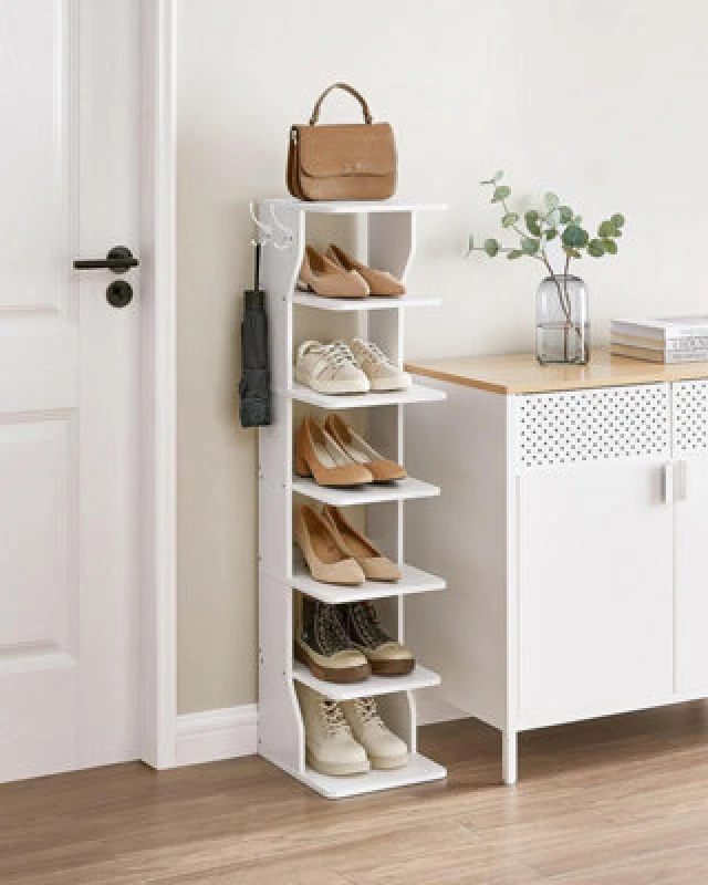 Image of Songmics Vasagle 7 Tier Vertical Shoe Rack, Narrow Shoe Storage Organizer With Hooks, Slim Wooden Corner Shoe Tower Rack, White