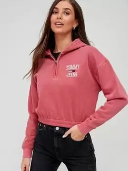 Image of Tommy Jeans Crop College Logo Half Zip Sweater - Red, Red Size M Women