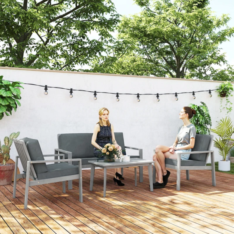 Image of Outsunny Outsunny 4 Pieces Wooden Garden Furniture Set with Cushions - Teak