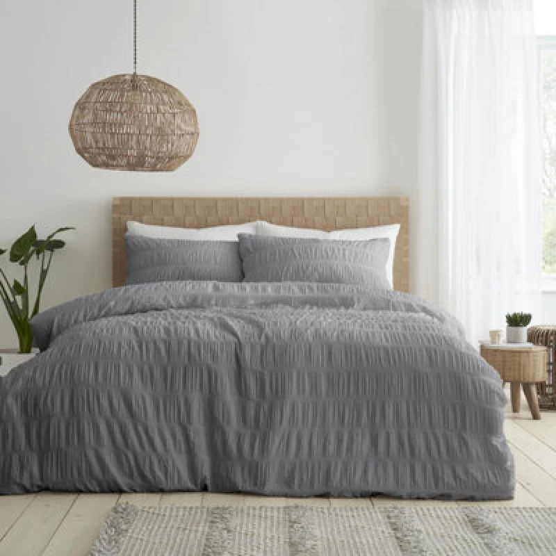 Image of Catherine Lansfield Bedding Seersucker Embellished Duvet Cover Set With Pillowcase Grey