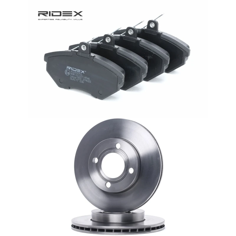 Image of RIDEX 3405B2548 Brake disc and pads set Front Axle, Brake Disc Type: internally vented, not prepared for wear warning indicator Brake Set,disc brakes