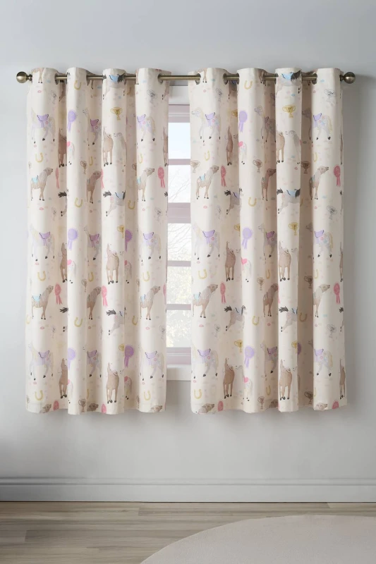 Image of Catherine Lansfield Happy Horses Ready Made Eyelet Curtains 66 x 72 Pink