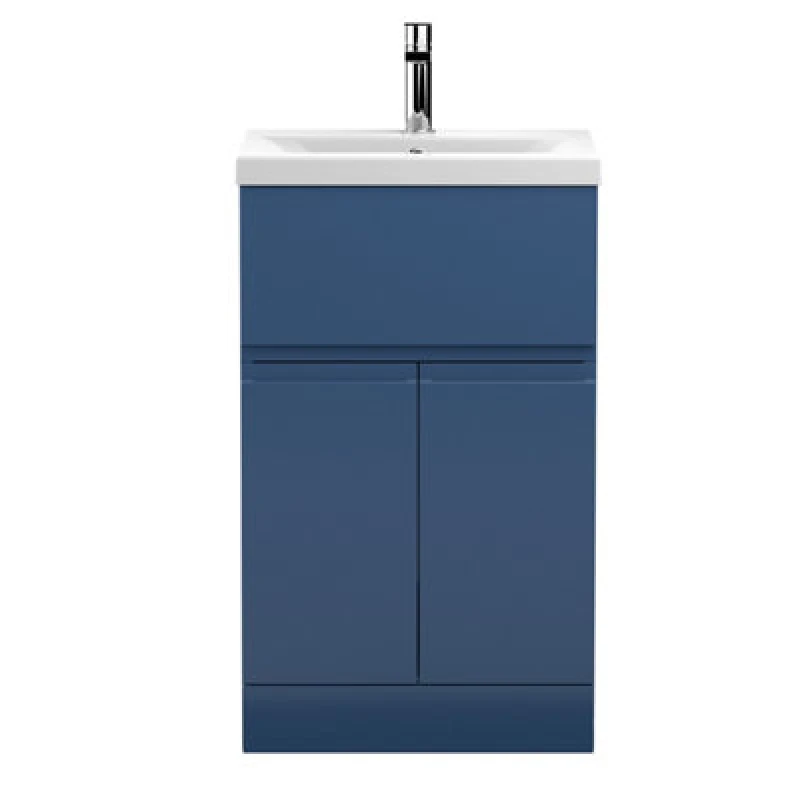 Image of Nuie Hudson Reed Urban Floor Standing 2 Door 1 Drawer Vanity Unit With Mid-Edge Basin, Durable Modern Vanity Unit In Satin Blue, 500mm