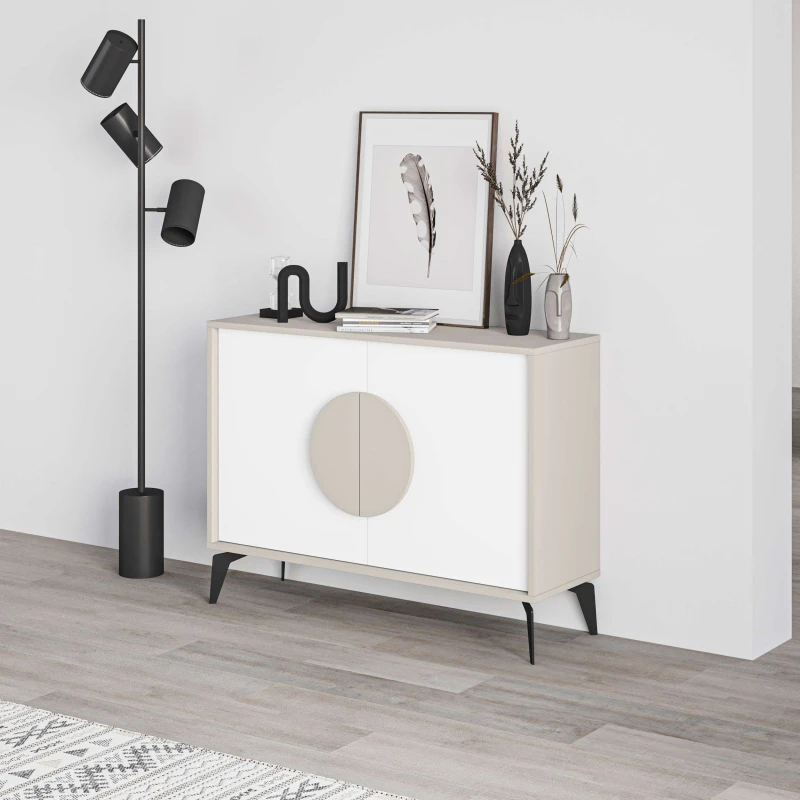 Image of Decortie 2 Doors Sideboard 'Gora' 4 Metal Legs, Chipboard Handle Storage Unit 110cm in Beige Size: 2 Pack Beige Unisex 2 Pack