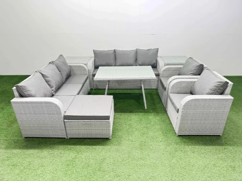 Image of Fimous Rattan High Back Lounge Sofa Set Patio Dining Table & Chairs Set With 2 Side Tables Big Stool Light Grey