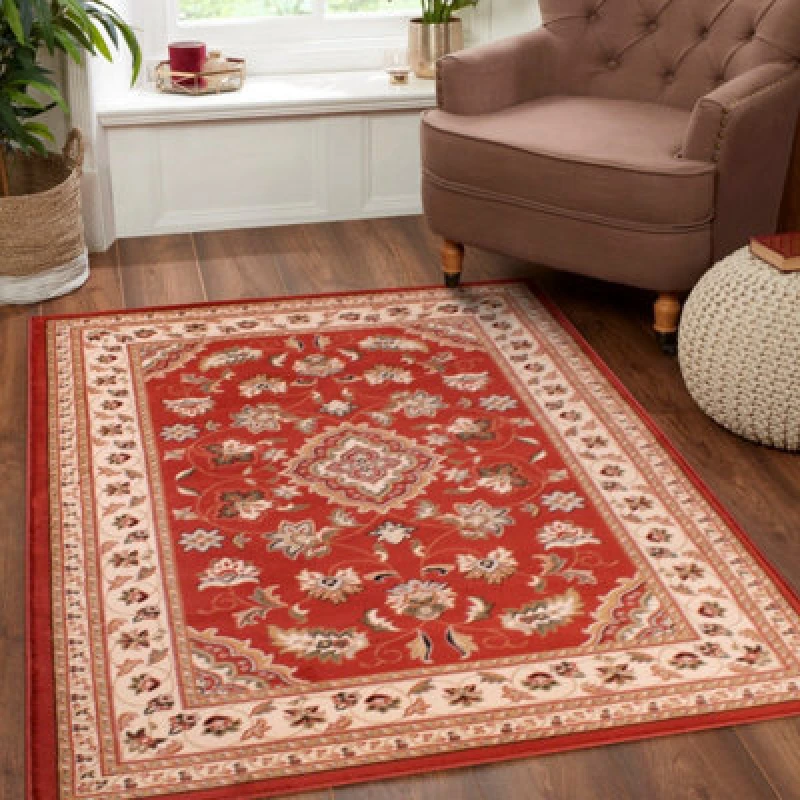 Image of Terracotta Traditional Bordered Floral Easy To Clean Rug For Dining Room Bed Room And Living Room-120Cm X 170Cm