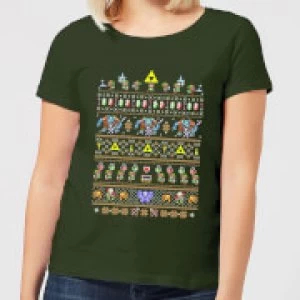 Image of Nintendo Retro Womens Christmas T-Shirt - Forest Green - L