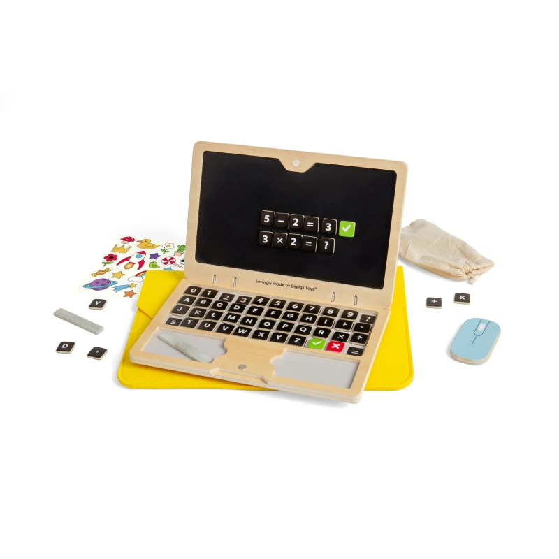 Image of Bigjigs Toys Tech Set - 95 piezas de juguete de madera para laptop con pantalla de pizarra juegos de simulacion y accesorios para ninos pequenos y ni
