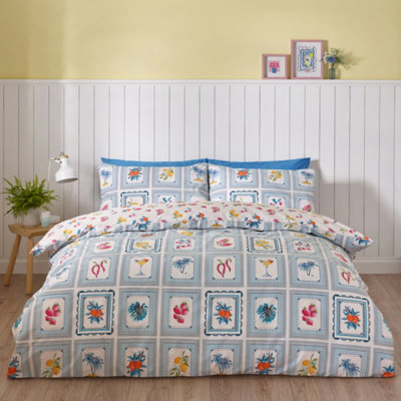 Image of Catherine Lansfield Riviera Tiles Reversible Double Duvet Cover Set With Pillowcases Blue