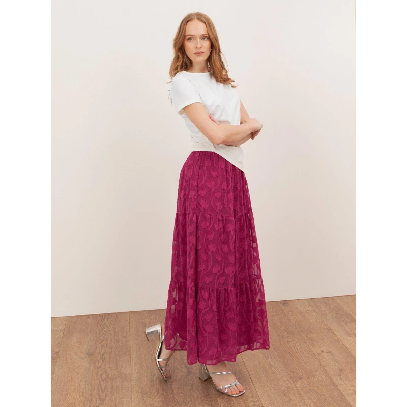 Image of Lovedrobe Lovedrobe Fuchsia Floral Burnout Tiered Maxi Skirt Fuchsia female 16 (XL)